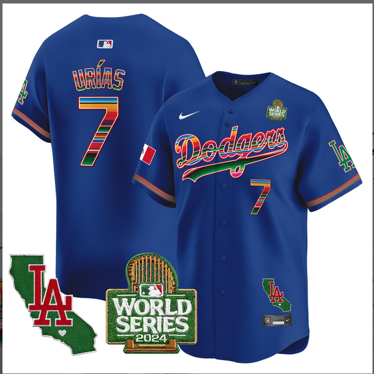 Men MLB Mexico Los Angeles Dodgers #7 Urias blue 2024 World Series Champions Patch Jersey 2024110